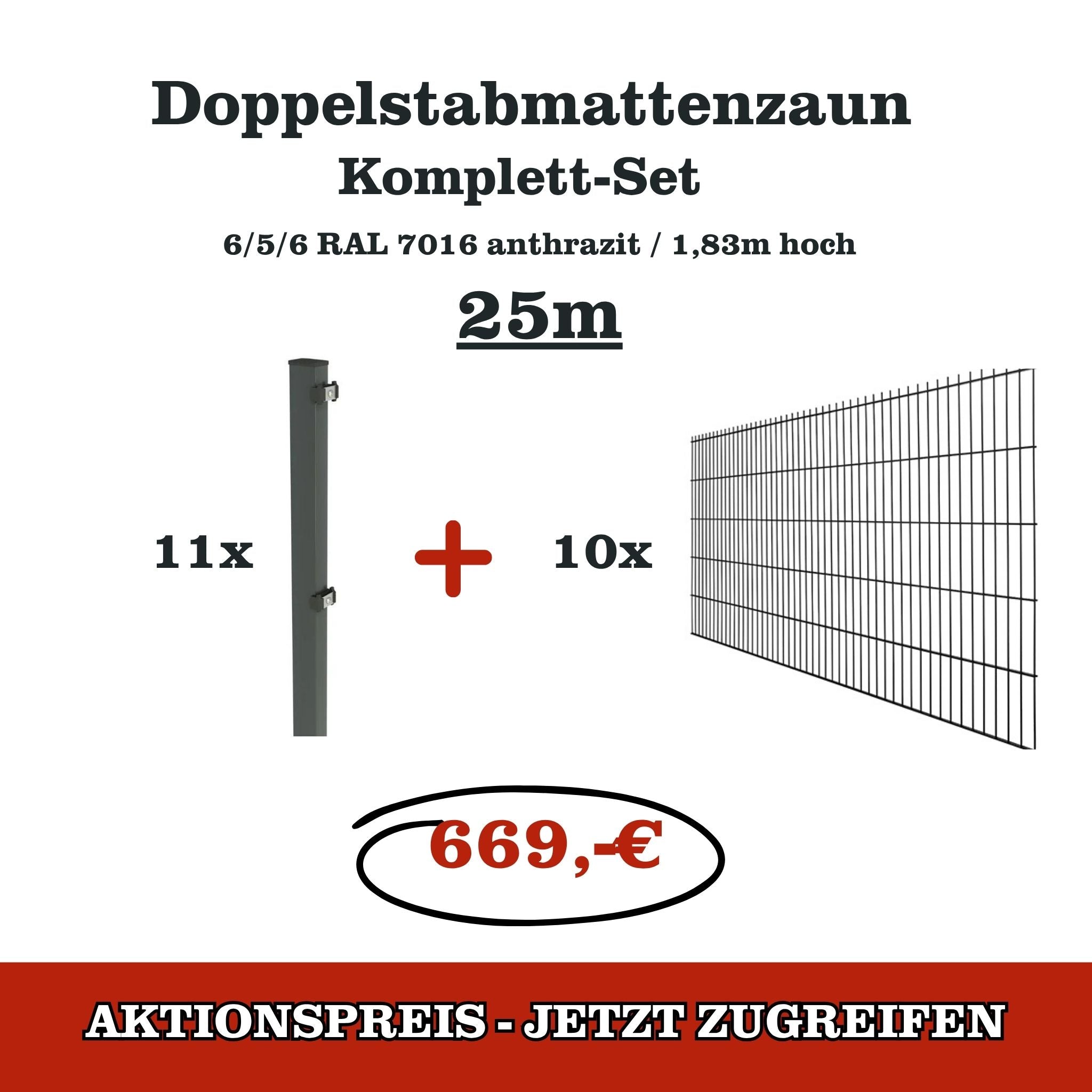 Doppelstabmattenzaun Komplettset 25 m – 183 cm – Anthrazit – 6/5/6 ***