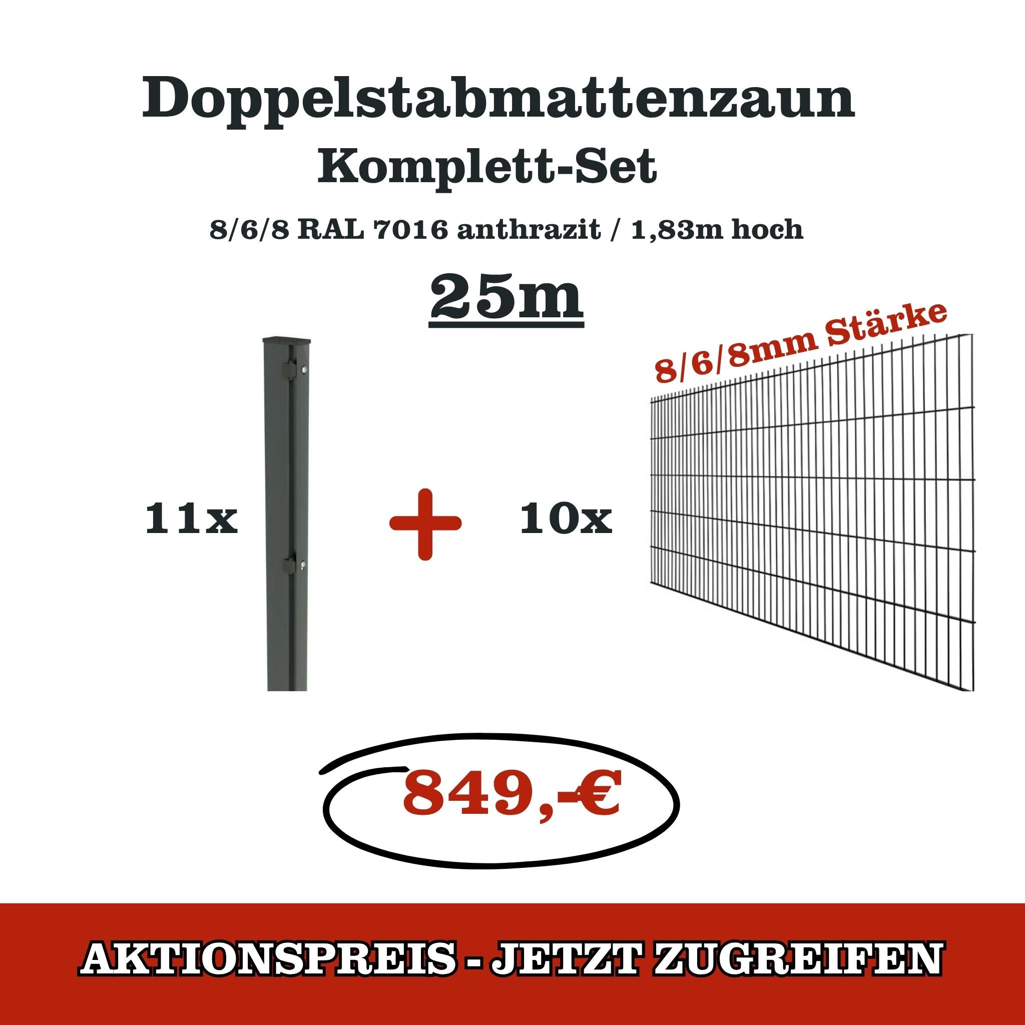 Doppelstabmattenzaun Komplettset 25 m – 183 cm – Anthrazit – 8/6/8 - Pfosten mit Abdeckleiste***