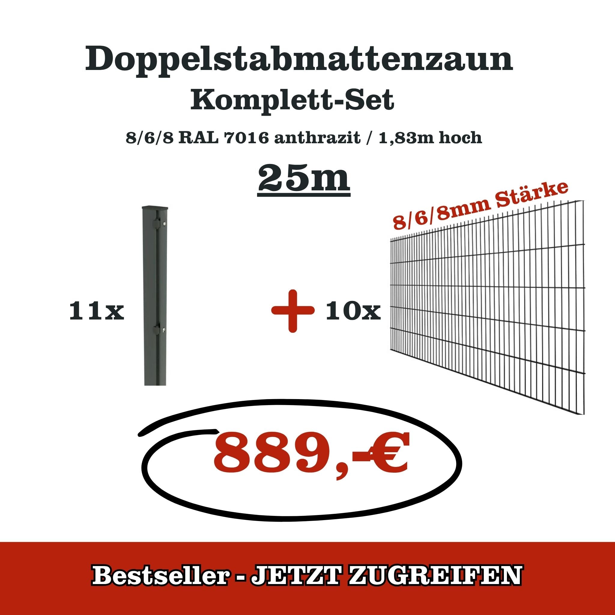 Doppelstabmattenzaun Komplettset 25 m – 1,83 m – Anthrazit – 8/6/8 - Pfosten mit Abdeckleiste***